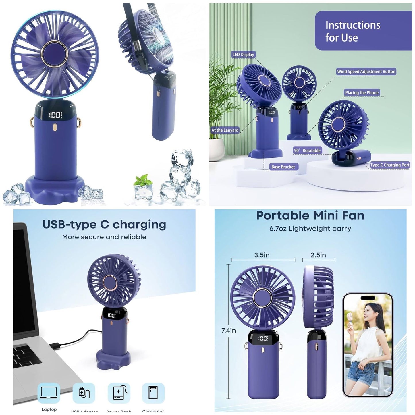Digital Display Portable Mini Fan – 5-in-1 USB-C Rechargeable Handheld Cooling Fan with LED Display & Phone Stand