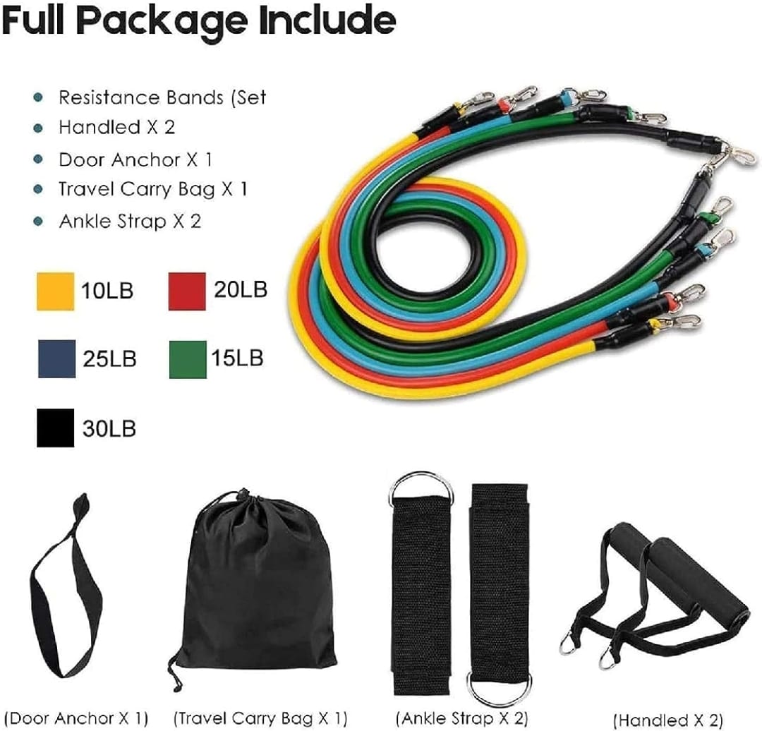 11 Piece Resistance Band Set – Fitness Strength Training Bands for Yoga, Gym & Home Workouts for Men & Women