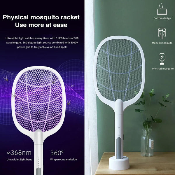USB Rechargeable Mosquito Racket with Stand – Electric Insect Killer Bat for Home & Outdoor Use