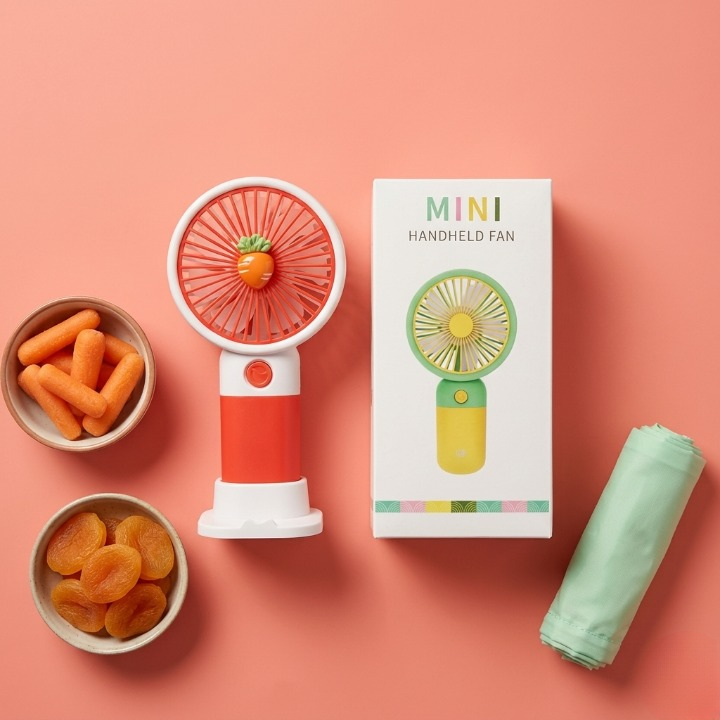 Mini Portable Handheld Fan with Desktop Base – Rechargeable Cute Carrot Personal Cooling Fan for Office, Students & Travel