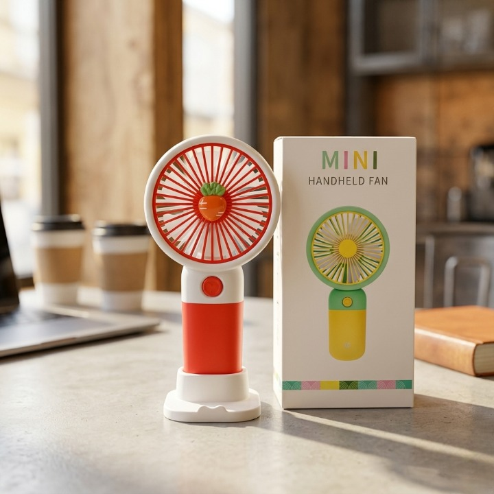 Mini Portable Handheld Fan with Desktop Base – Rechargeable Cute Carrot Personal Cooling Fan for Office, Students & Travel