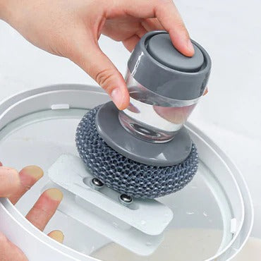 Kitchen Soap Dispensing Palm Brush – Automatic Dish Scrubber with Soap Dispenser & Non-Scratch PET Bristles