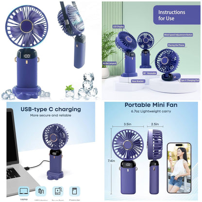 Digital Display Portable Mini Fan – 5-in-1 USB-C Rechargeable Handheld Cooling Fan with LED Display & Phone Stand
